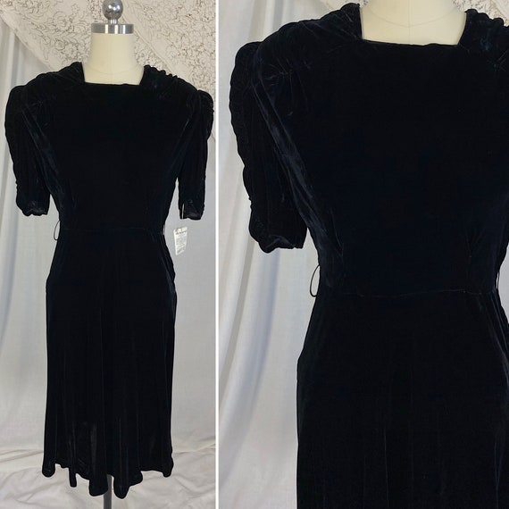 Vintage 1940's Dress | Deep Black Rayon Velvet wi… - image 2