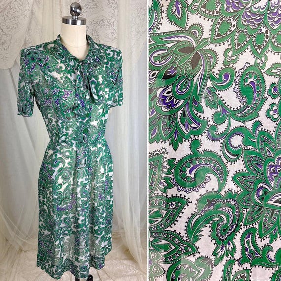 1940s Shirtwaist Dress - Sheer White Rayon with Bold Green & Purple Paisley Print