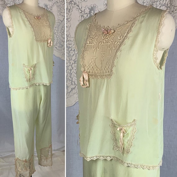 Antique 1920's Pajama Set | Pistachio Green Silk w