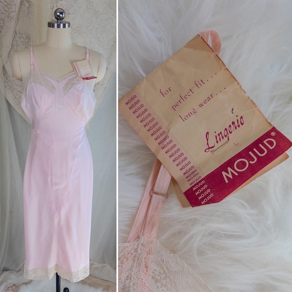 Vintage 1940's Slip - Rose Pink Rayon with Diamond Insert & Nude Lace by Mojud, New with Tags | XXS, XS