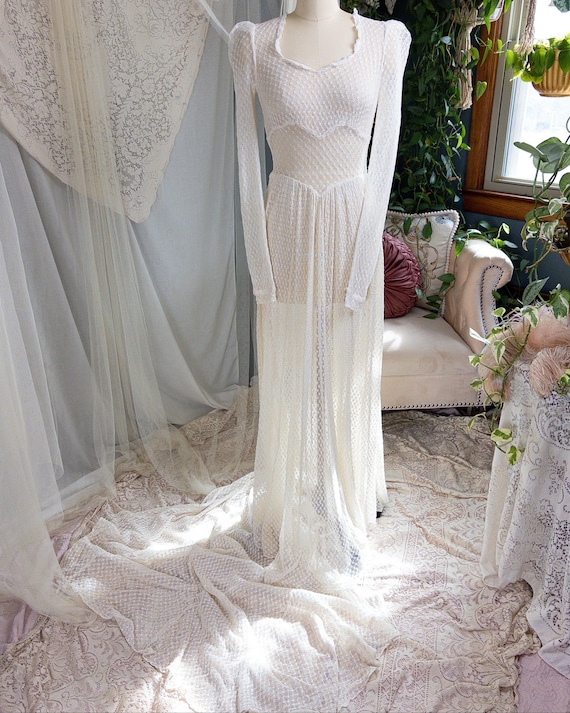 Vintage 1930's - 1940's Wedding Dress - Long Sleeved Ivory Cotton Crochet with Satin Buttons | XS, Small