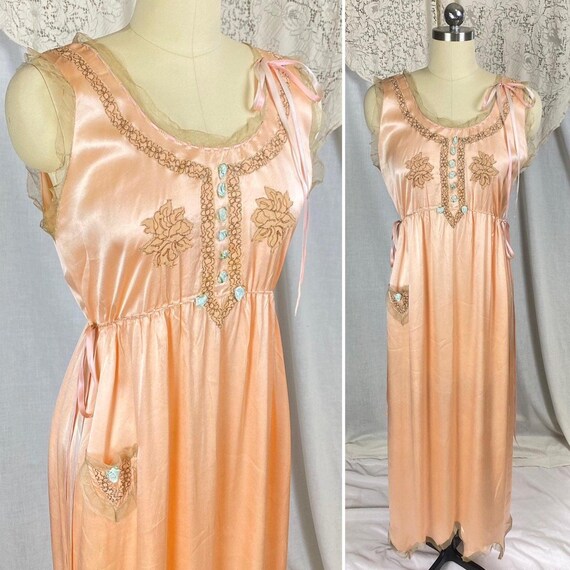 Vintage 1920's Peach Silk Gown with Tulle Scalloped Hem & Silk Ribbon Drawstrings - Never Worn, size XS, S
