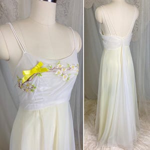Vintage 1950&#39;s - 1960&#39;s Pale Lemon Yellow Nylon Nightgown with White Chiffon & Cherry Blossom Embroidery - By Vanity Fair, Size S, M