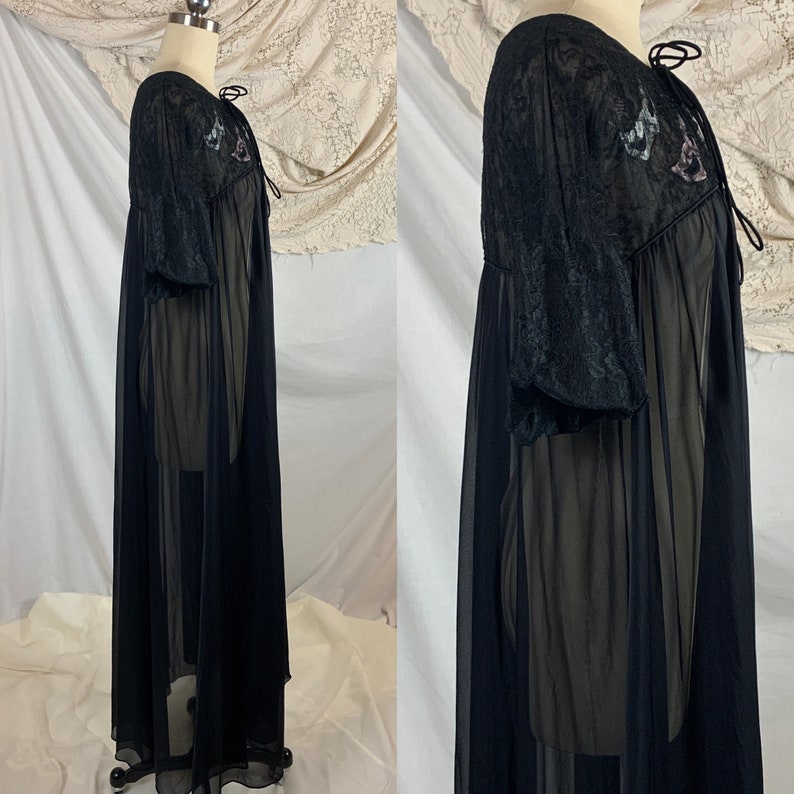 Vintage 1960/'s Peignoir Robe Size M Sheer Black Nylon with Floral Lace Puffed Sleeves /& Masquerade Mask Applique Eye Ful by the Flaums