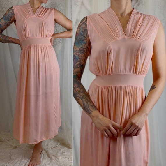 Vintage 1940s Nightgown - Sheer Coral Pink Rayon Chiffon, Made in Hungary