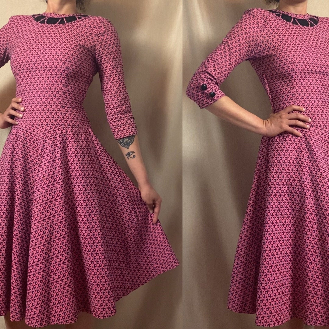 Vintage 1950's Full Swing Bowling Dress Bubblegum Pink With Navy Blue