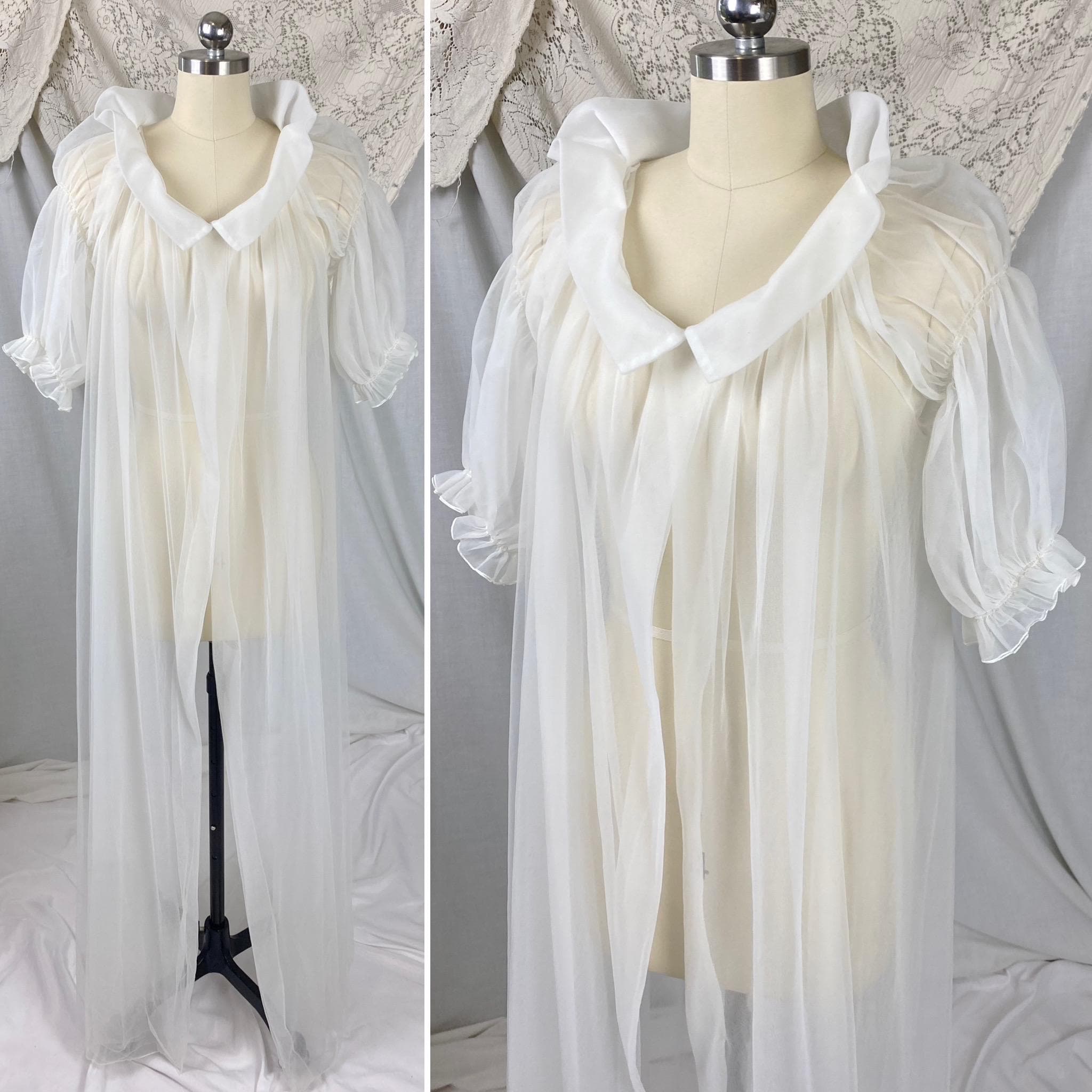 Vintage 1950's Peignoir Robe - Sheer White Nylon Tulle with Puffed Sleeves & Portrait Collar - Size S, M - By Vanity Fair