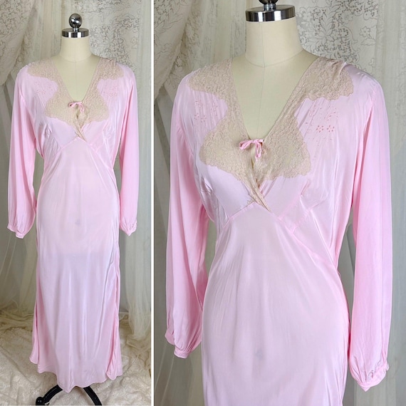 1940s Nightgown - Rich Rose Pink Rayon Crepe with Ivory Cotton Lace & Bishop Sleeves