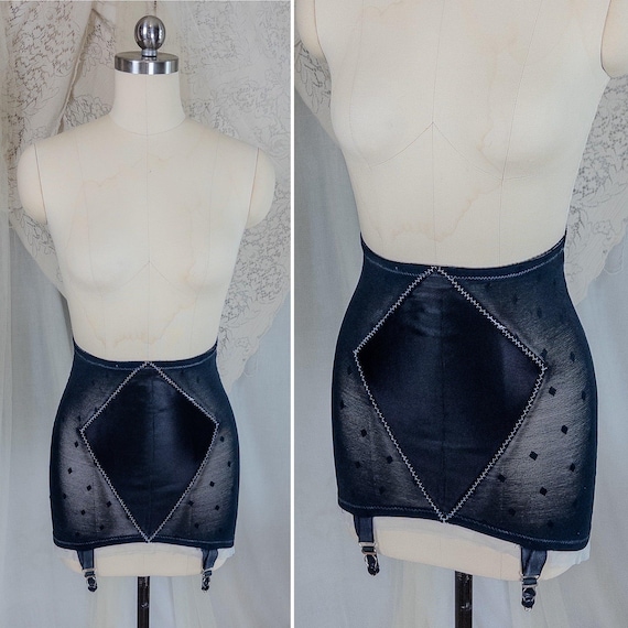 Vintage 1950's Girdle - Black Diamond Print Mesh with Ruffled White Chiffon & Satin Panels by Lily of France, Enhance | XS, Small