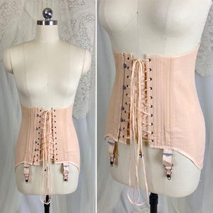 Vintage 1920&#39;s - 1930&#39;s Front Lacing Corset - Rich Peach Cotton Coutil with Decorative Hemstitching - Size XS, S - By Gossard