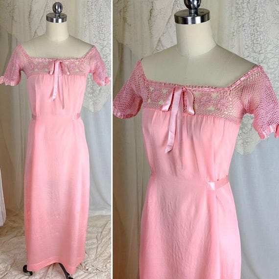 Vintage 1910's-1920's Nightgown - Melon Pink Silk Crepe with Crochet Lace Yoke & Silk Ribbon Ties