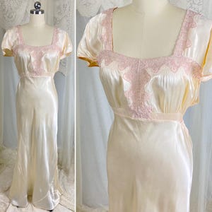 Vintage 1940's Nightgown - Palest Yellow Rayon Satin with Embroidered Organdy Insert - Size XL - XXL