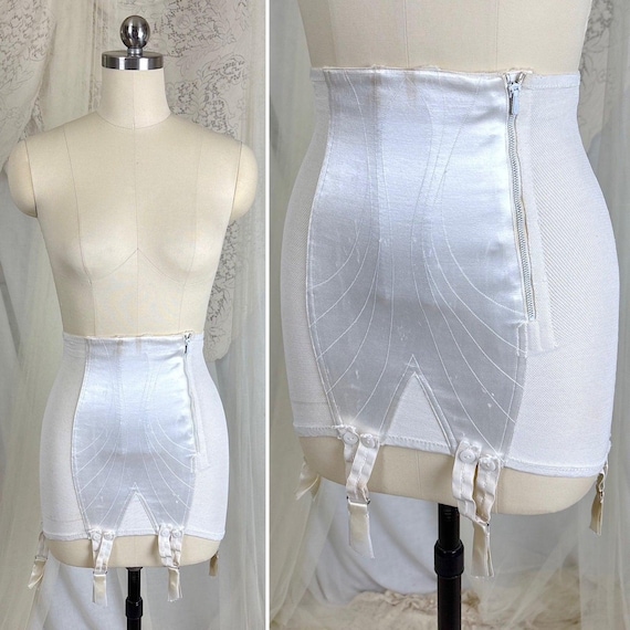 Vintage 1950s Girdle - Bright White Embroidered Rayon Satin, Deadstock with Original Box