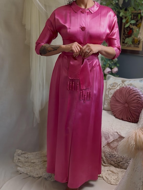 Vintage 1950's Hostess Dress - Hot Pink Rayon Satin with Tasseled Sash Tie - Size XS, S