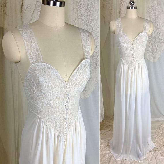 Vintage 1950's - 1960's Nightgown - White Nylon with Heart Shaped Lace Button-up Bodice & Open Back by Colura