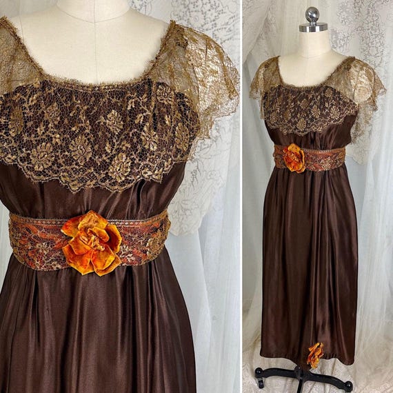 Antique 1910s-1920s Evening Gown - Rich Brown Silk with Gold Metallic Lace & Velvet Flowers