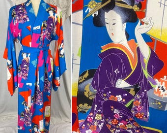 Vintage 1940&#39;s Bold Art Deco Wood Block Print Silk Kimono Robe with Fringe Sash