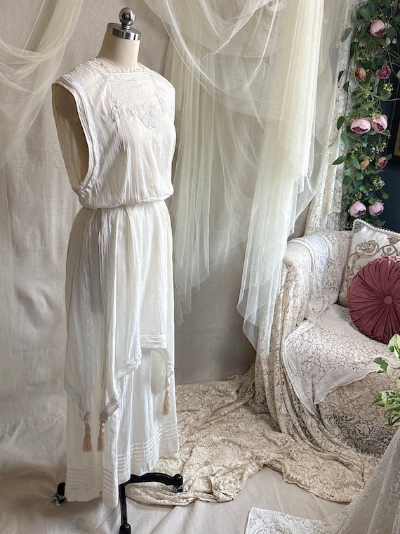 Antique 1910's - 1920's Dress - Soft White Natural Pongee Silk with Moth Embroidery & Tablier Overskirt | XXS, XS