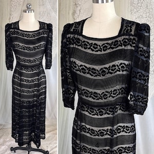 Vintage 1930s Midi Dress - Semi-Sheer Black Silk Velvet Devoré with Floral & Stripes