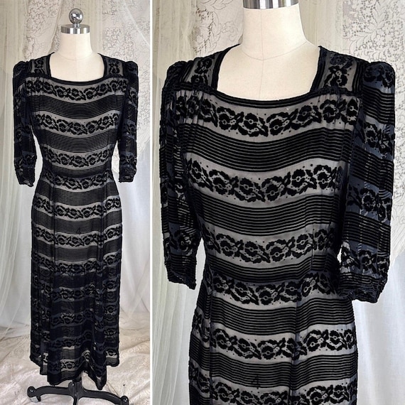 Vintage 1930s Dress - Semi-Sheer Black Silk Velvet Devoré with Floral & Stripe Pattern | M