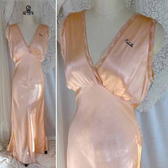 Vintage 1930s Peach Silk Satin Nightgown with Nude Lace & Estelle Monogram