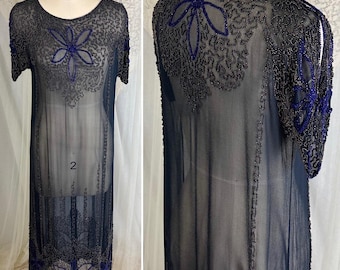 Antique 1920s Dress - Sheer Black Silk Crepe with Heavy Beadwork & Split Sleeves