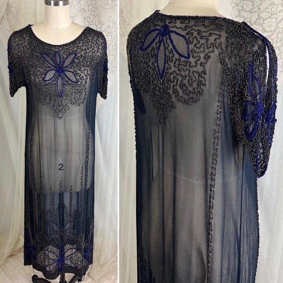 Antique 1920s Dress - Sheer Black Silk Crepe with Heavy Beadwork & Split Sleeves