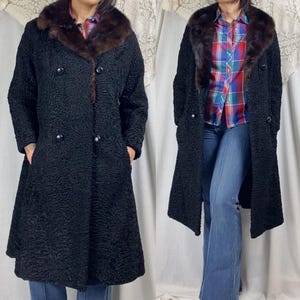 Vintage 1950&#39;s Coat | Black Persian Lamb & Brown Mink Fur with Rayon Satin Damask Lining | Size S, M