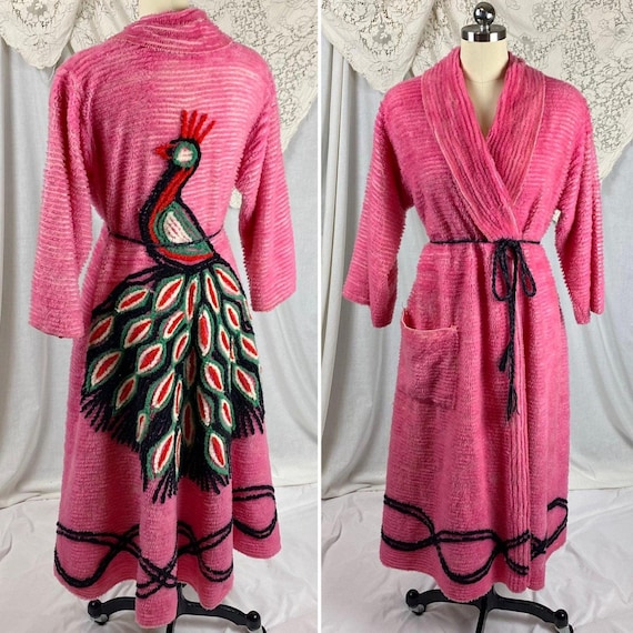 Vintage 1940's - 1950's Robe - Bright Pink Chenille with Peacock Design & Black Trim - Size M