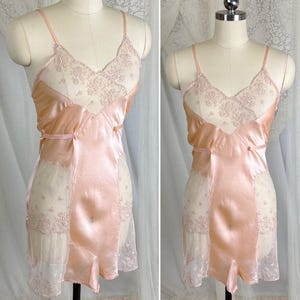 Vintage 1930&#39;s Teddy Chemise - Rose Gold Pink Silk with Warm Beige Tambour Lace - Size XS