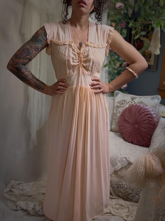 Vintage 1940s Nightgown - Pale Blush Pink Rayon Chiffon with Diamond Pin Tuck Detail, Made in Hungary
