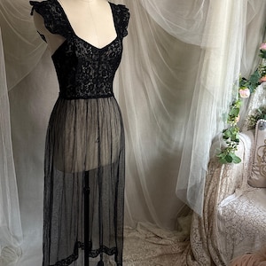 Vintage 1940's Nightgown - Sheer Black Cotton Tulle with Floral Lace & Button Back Closure by Beau Monde | XS, S