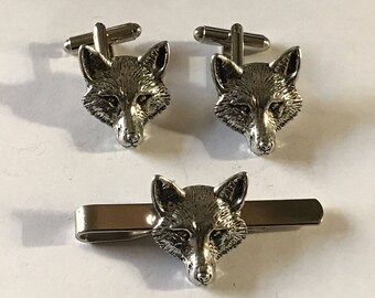 Fox Head On A Pair of Cufflinks With A Tie Slide Set A72 Made From English Modern Pewter