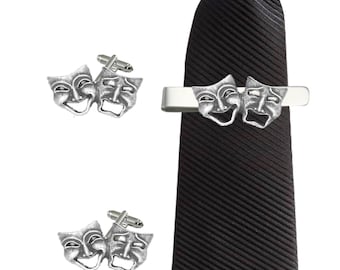 R139 Comedy & Tragedy Theatrical Masks Fine English Pewter cufflinks tie slide sets tie pin  kilt chrome COPPER or pewter finish available