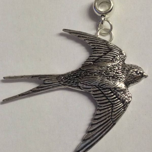 Swallow B25 Charm with 5mm bail to fit Pendant Bracelet, Pandora, necklaces chrome gold or pewter finish available