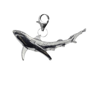 May include: A silver shark charm with a lobster clasp. The charm is detailed with fins and a realistic shark shape.