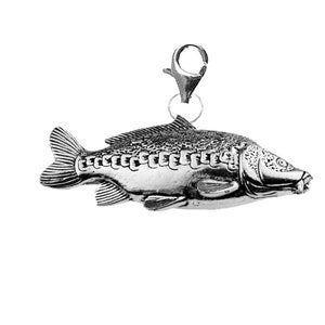 May include: Silver charm in the shape of a carp fish with a detailed design. The charm has a lobster clasp for attaching to a bracelet or necklace.
