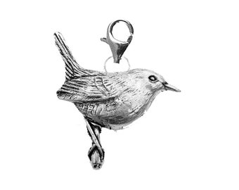 pp-b20 Wren Bird Fine English Pewter On a Sterling Silver 925 Trigger Clasp 925 hoop charm chrome gold or pewter finish available