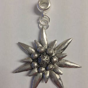 Large Edelweiss C1 Charm with 5mm bail to fit Pendant Bracelet, Pandora, necklaces chrome COPPER or pewter finish available