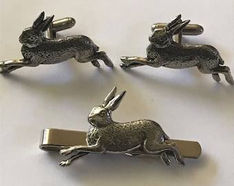 Hare Rabbit Pair of Cufflinks And Tie Slide A2 Made From English Modern Pewter