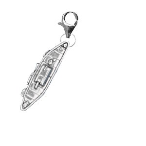 May include: A silver charm in the shape of a tank. The charm has a lobster clasp for attaching to a bracelet or necklace.