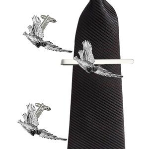 B24 Rising Pheasant Fine English Pewter cufflinks tie slide sets tie pin stick pin kilt bolo neck tie gold or pewter finish available