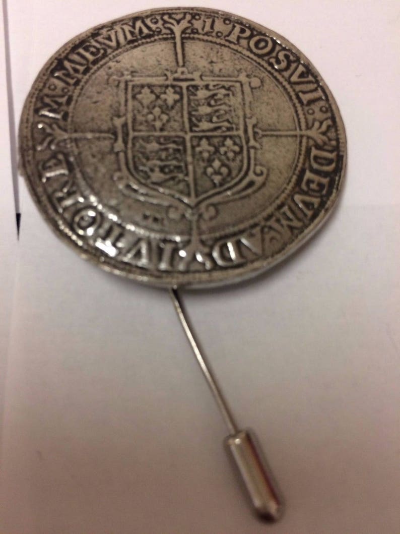 Elizabeth I Crown Coin WC48 Tie Pin With Chain or Stick pin Pewter perfect to a on to ties hats scarfs plenty of places to wear