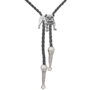 May include: A silver bulldog bolo tie with a black braided leather cord. The bolo tie features a detailed bulldog figurine and silver tips.