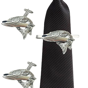 F39 Turning Pike Fish 3x2.2cm  English Pewter cufflinks tie slide sets tie pin bolo neck tie kilt blanket pin chrome gold or pewter finish