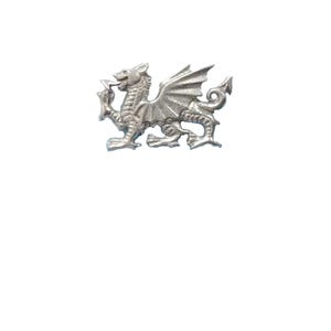 May include: A silver-colored dragon figurine with detailed wings, legs, and a curled tail. The dragon is standing and facing left, with its mouth open. The figurine is likely a decorative item or a piece of jewelry.