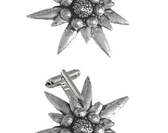 C1 Grande Edelweiss 3,5 cm Conjunto de abotoaduras de estanho inglês para gravata, prendedor de gravata em formato de bolo, prendedor de cobertor para kilt, acabamento cromado, dourado ou estanho