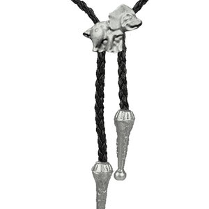 May include: A black braided bolo tie with a silver dinosaur charm and two silver tips.