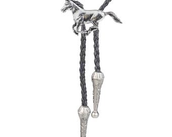 A19 Running Horse Fine English Pewter on Necklace Western Cowboy Necktie Bola Bolo Tie  unisex line dancing cowboy Wild West