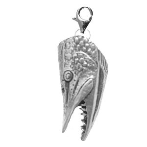 May include: Silver charm in the shape of a fish head with an open mouth and sharp teeth. The charm has a detailed design and a textured surface.